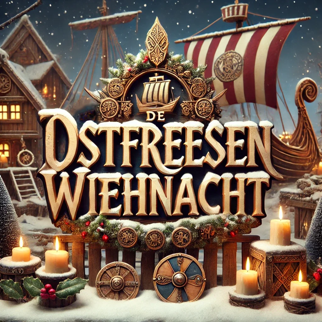 Plakat mit dem Titel der Veranstaltung mit einer weihnachtlichen Szenerie eines Wikingerhafens